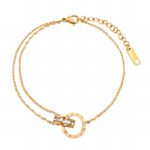 Gold stainless steel double chain bracelet anklet with interlocking roman numeral and crystal rings charm
