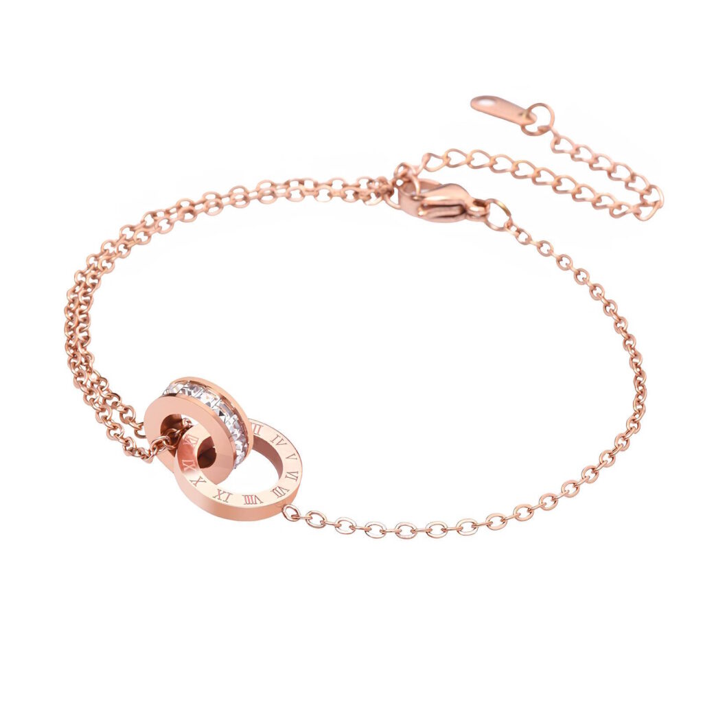 Rose gold stainless steel double chain bracelet anklet with interlocking roman numeral and crystal rings charm