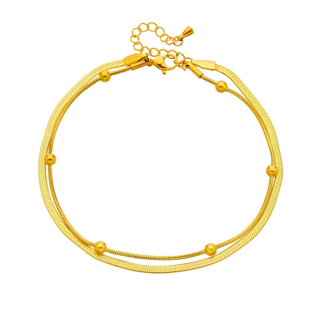 Gold stainless steel double layered bracelet anklet with flat herringbone snake chain and beaded satellite chain