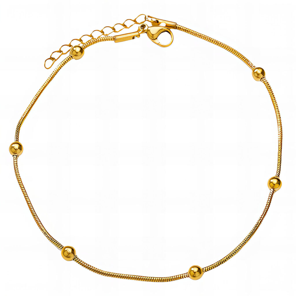 Gold stainless steel round snake chain bracelet anklet with polished station beads