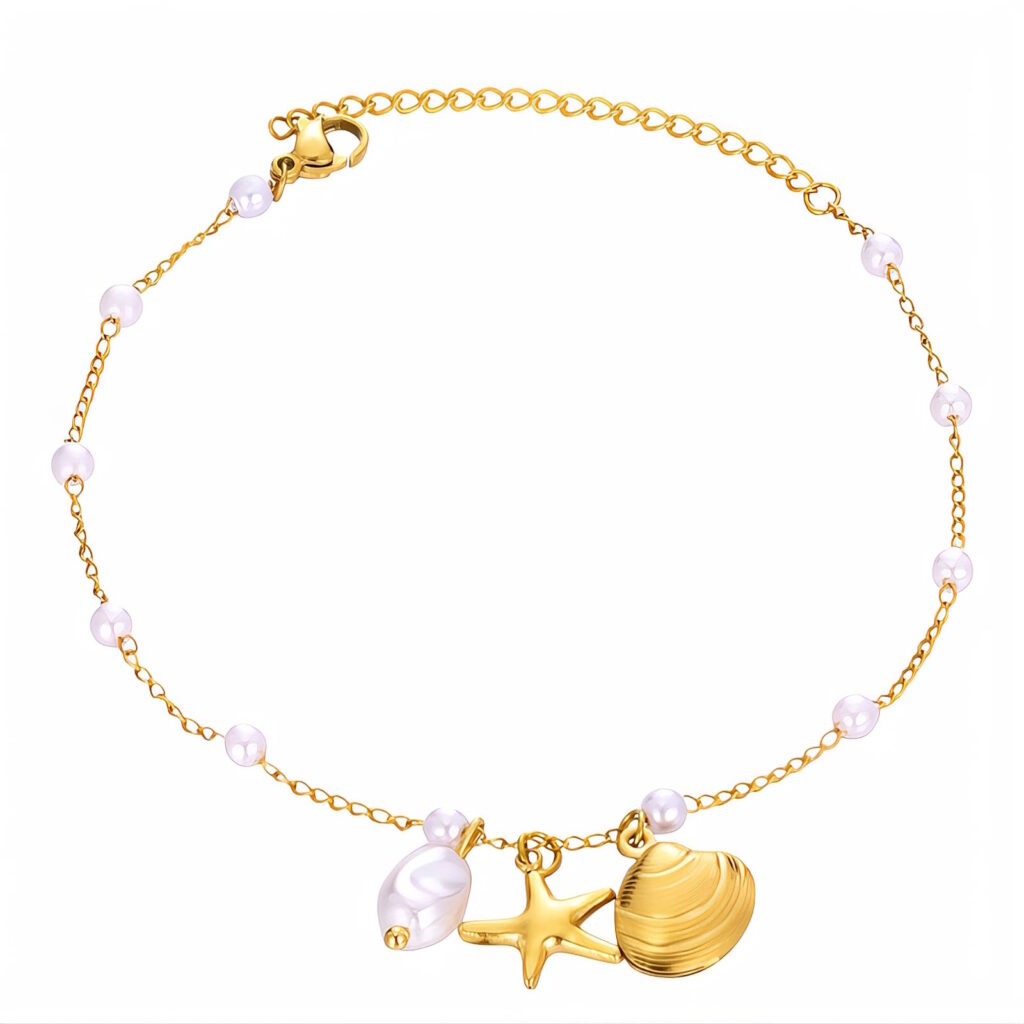 Gold stainless steel pearl station chain bracelet anklet with seashell starfish and baroque pearl charms