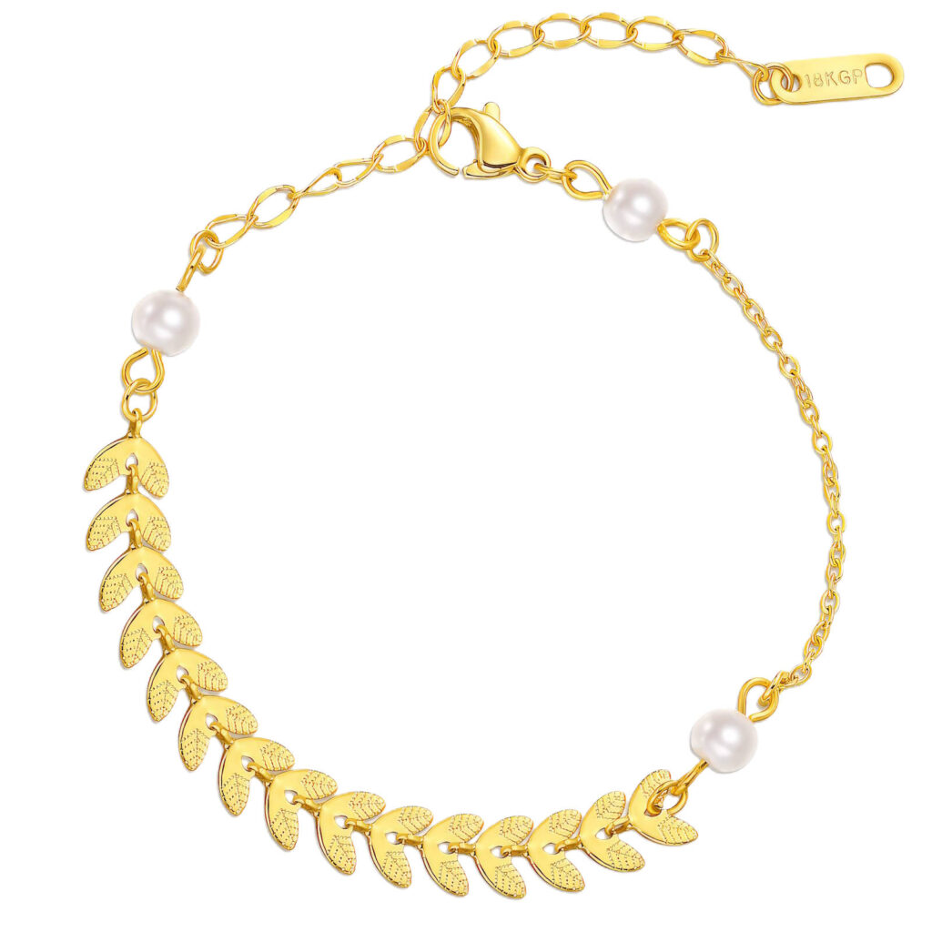 Gold stainless steel bracelet anklet with olive leaf branch design and small white pearls