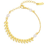 Gold stainless steel bracelet anklet with olive leaf branch design and small white pearls