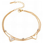 Gold stainless steel double chain bracelet anklet with white heart charms and clear crystals