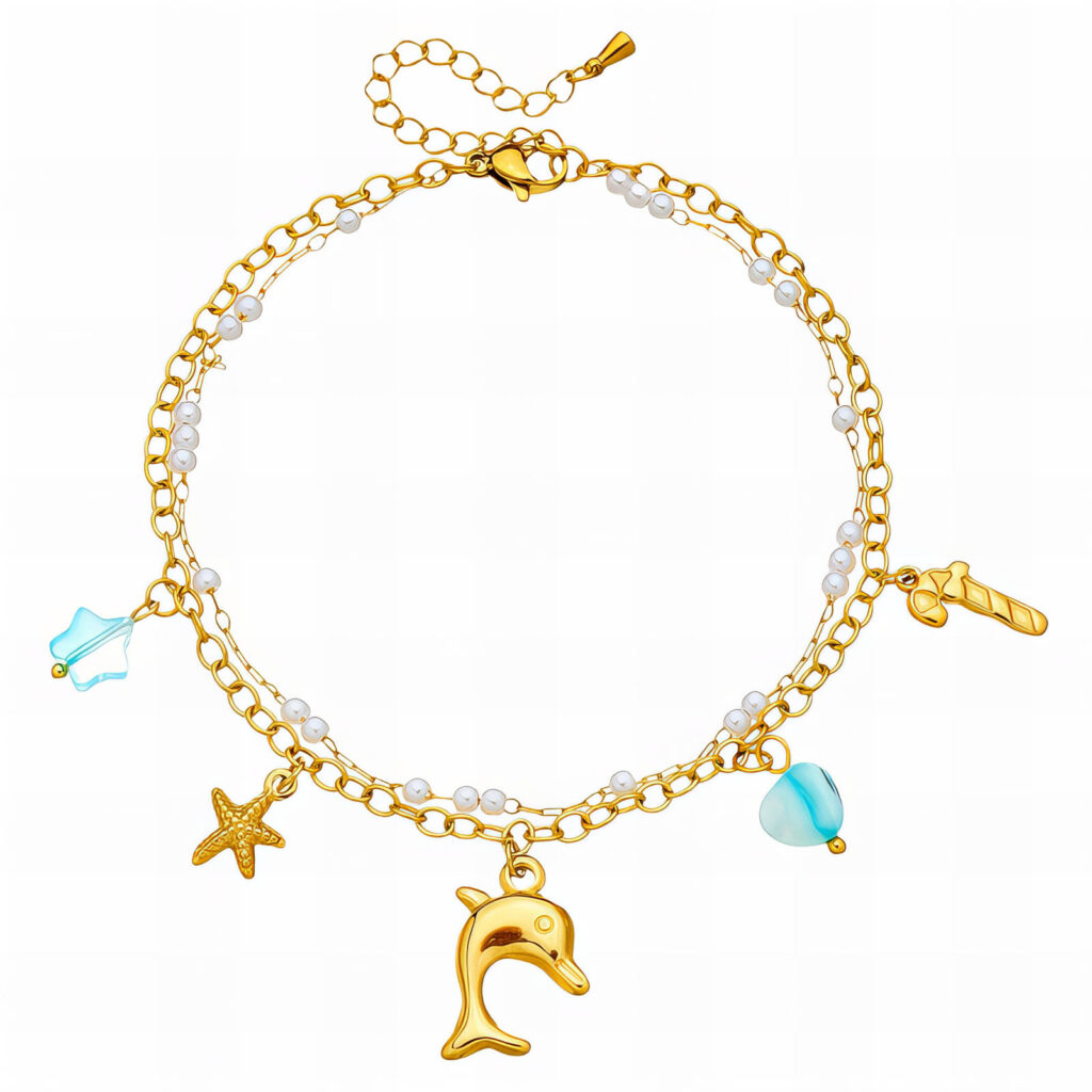 Gold stainless steel double layer charm bracelet anklet with dolphin starfish shell charms and blue beads