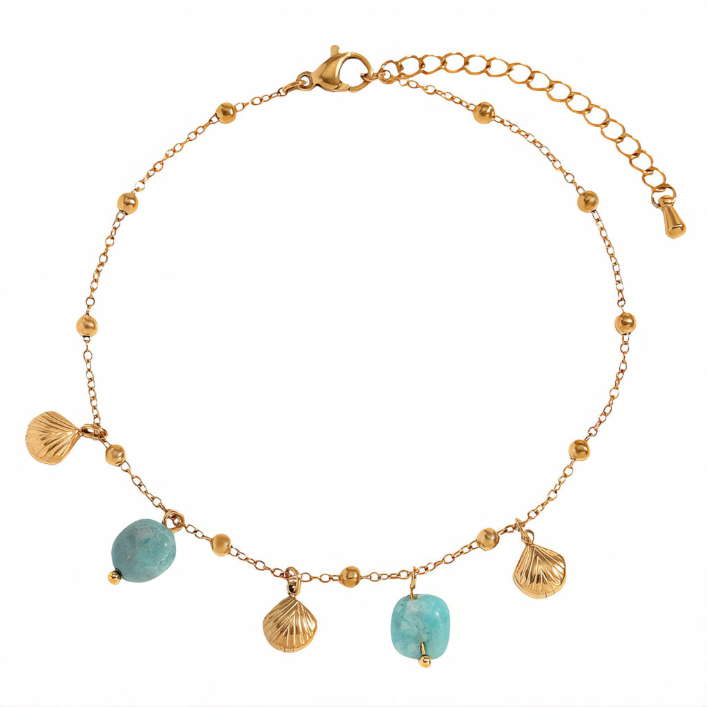 Gold stainless steel satellite chain bracelet anklet with scallop shell charms and light blue stone beads