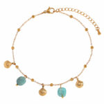 Gold stainless steel satellite chain bracelet anklet with scallop shell charms and light blue stone beads