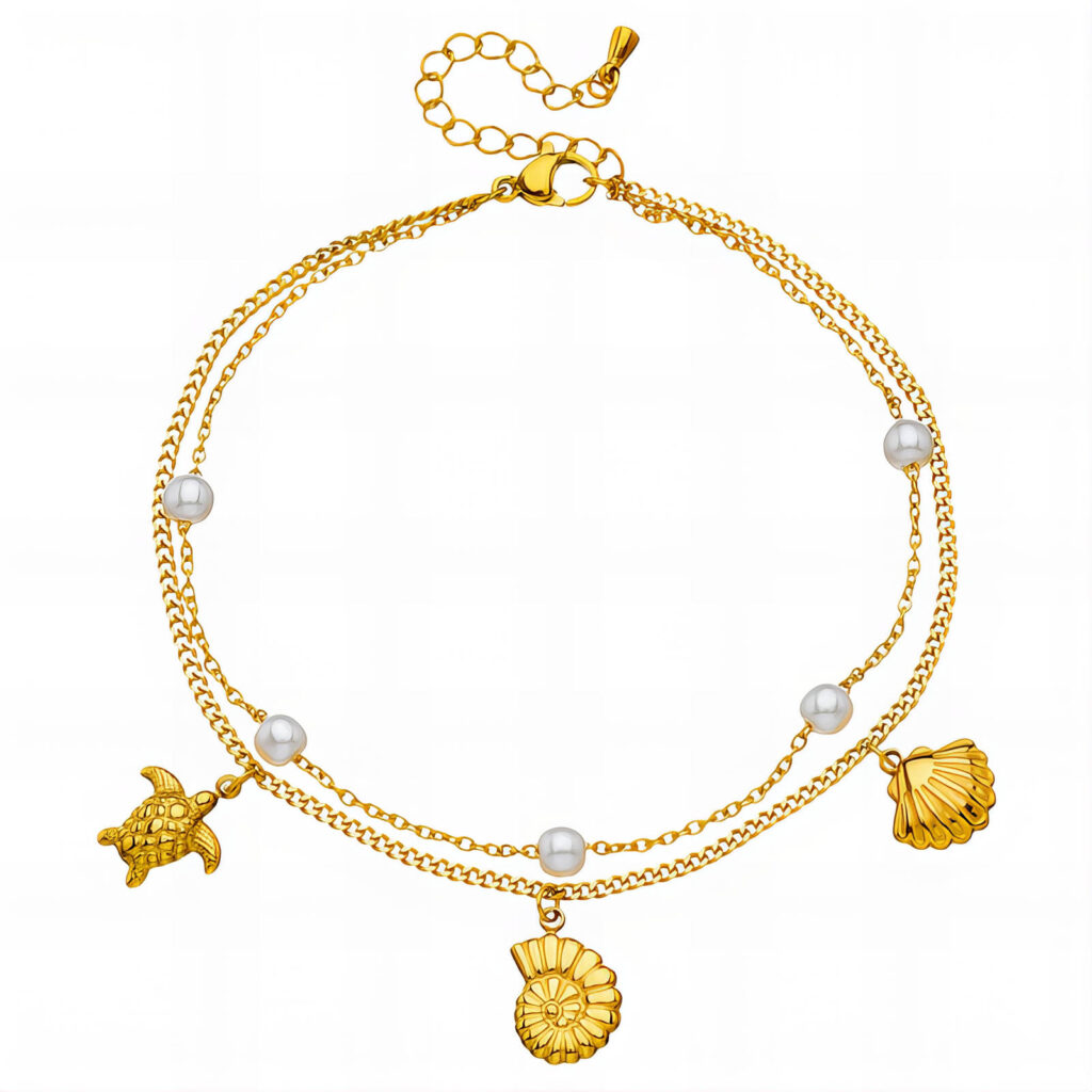 Gold stainless steel double layer bracelet anklet with sea turtle spiral shell charms and white pearls