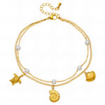 Gold stainless steel double layer bracelet anklet with sea turtle spiral shell charms and white pearls