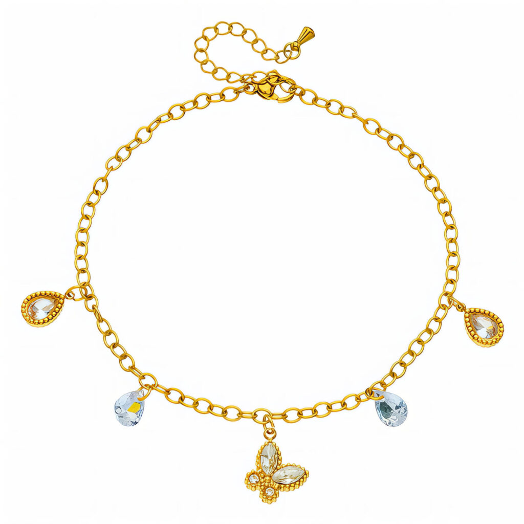 Gold stainless steel bracelet anklet with crystal butterfly charm and hanging teardrop zirconia stones