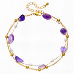 Gold stainless steel double chain bracelet anklet with purple amethyst-look stones and white pearls