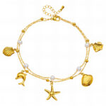 Gold stainless steel double layer bracelet anklet with dolphin fish starfish shell charms and white pearls