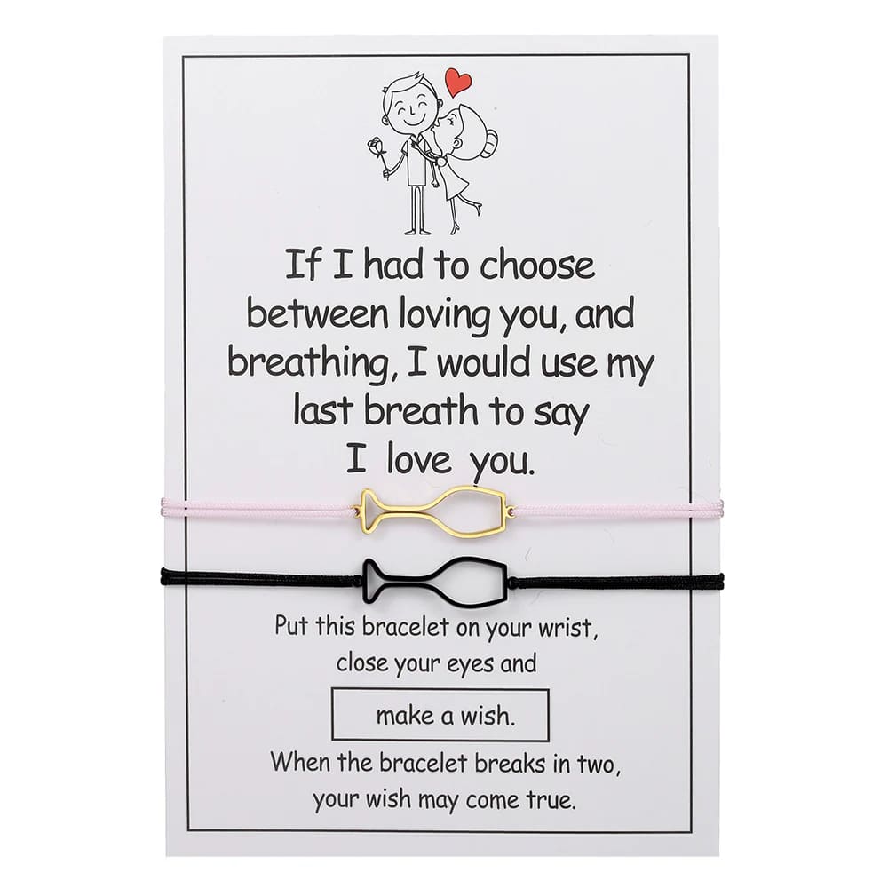 Set of 2 matching couple cord bracelets with wine glass charm black and pink string gift card