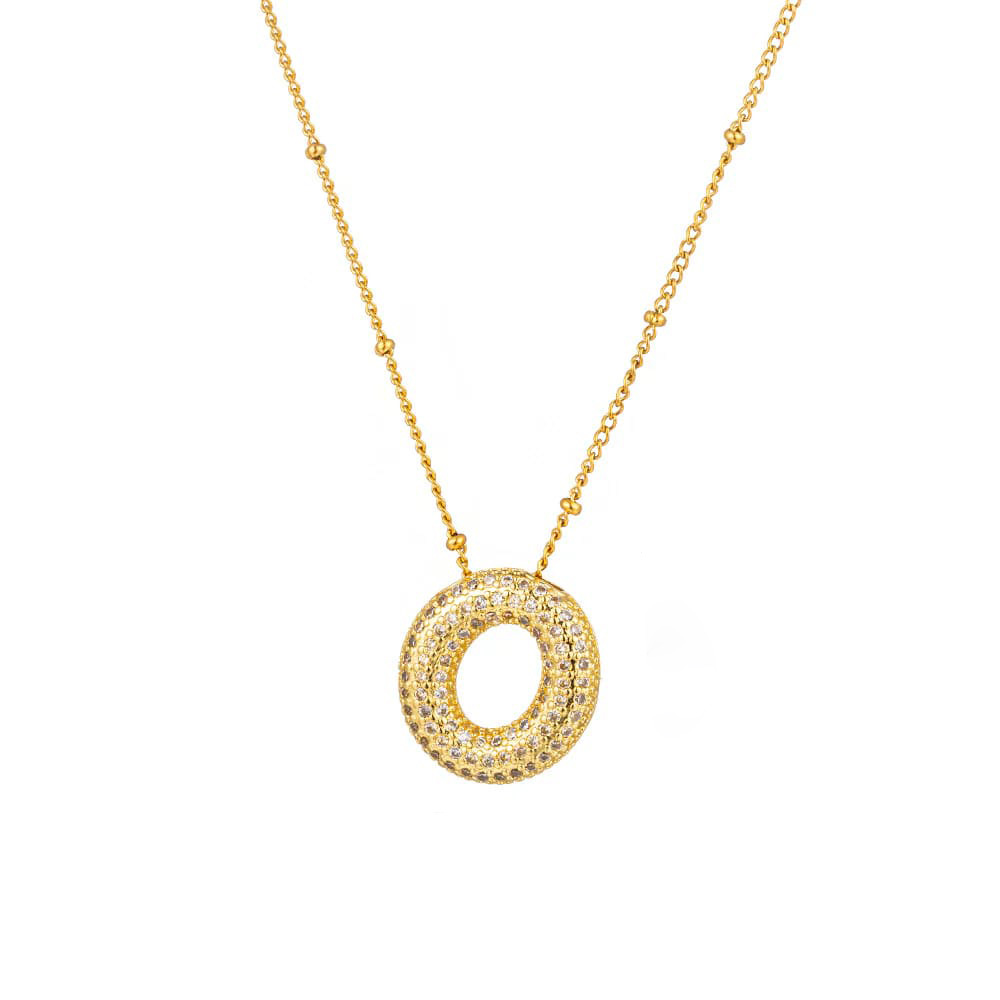 Goldene Damenkette mit kreisförmigem Anhänger, besetzt mit klaren Zirkonia