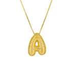 Gold necklace with a bold letter A pendant set with cubic zirconia in bubble style