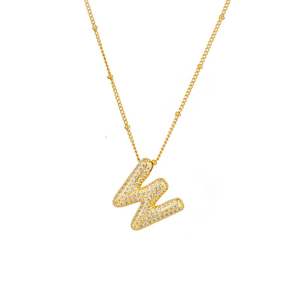 Goldkette mit Buchstabe W Anhänger im Bubble-Stil, mit Zirkonia besetzt