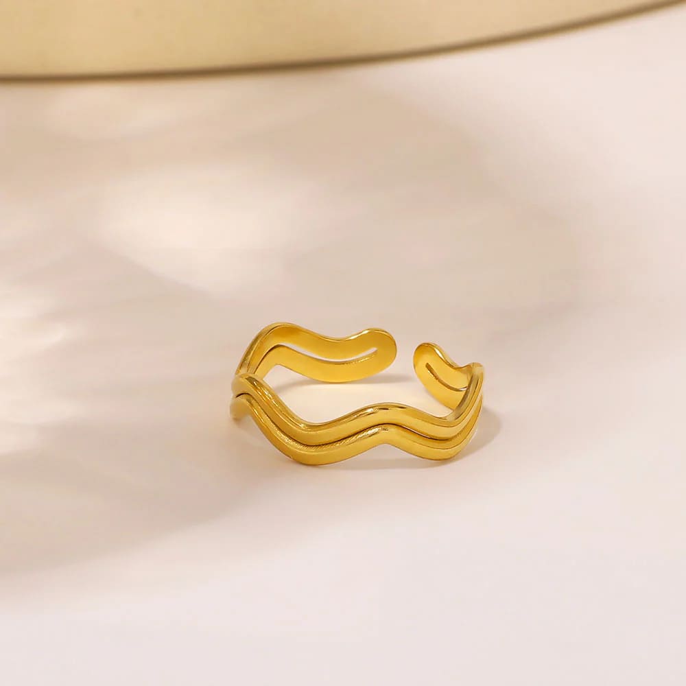Gold stainless steel minimalist double wave adjustable open ring