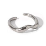 Silver stainless steel minimalist organic wave ring adjustable open band white gold look