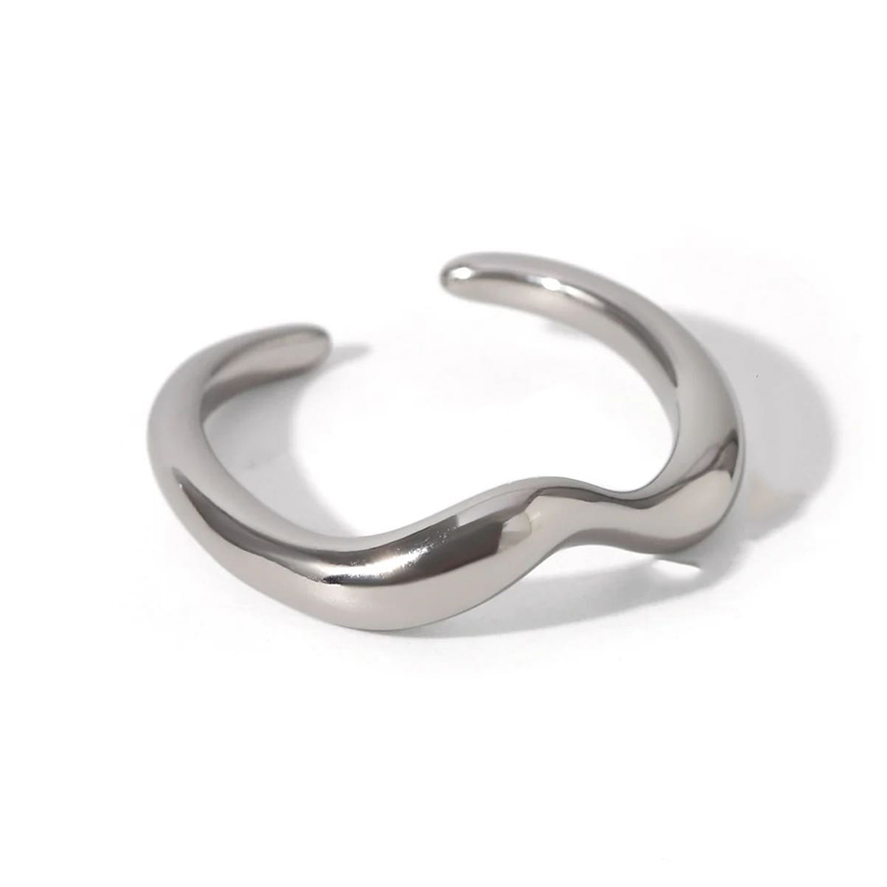 Silver stainless steel minimalist organic wave ring adjustable open band white gold look