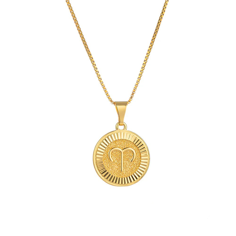 Gold Necklace with Aries Sign on a Round Steel Medallion