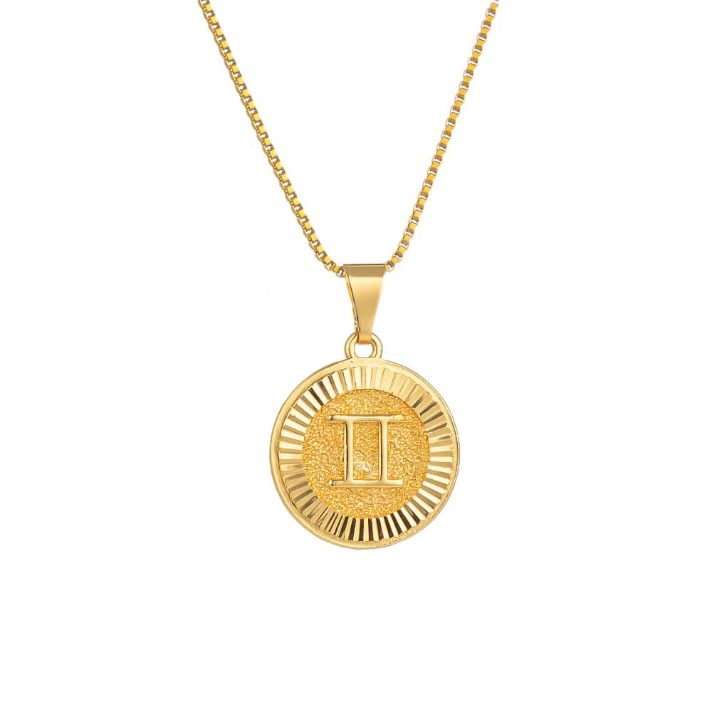 Gold Necklace with Gemini (Zodiac Sign) on a Round Medallion