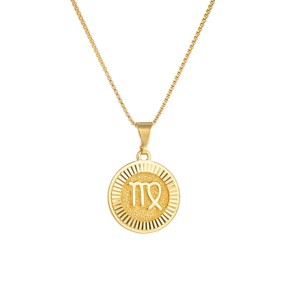 Goldene Halskette mit dem Zeichen Jungfrau (Virgo) auf einem runden Medaillon