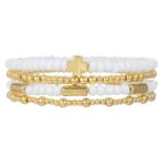 Multi-strand beaded bracelet in a white and gold combination with a cross charm