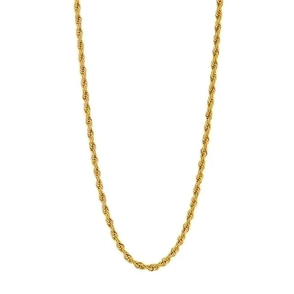 Goldene gedrehte Kette im Rope-Muster aus Chirurgenstahl auf weißem Hintergrund