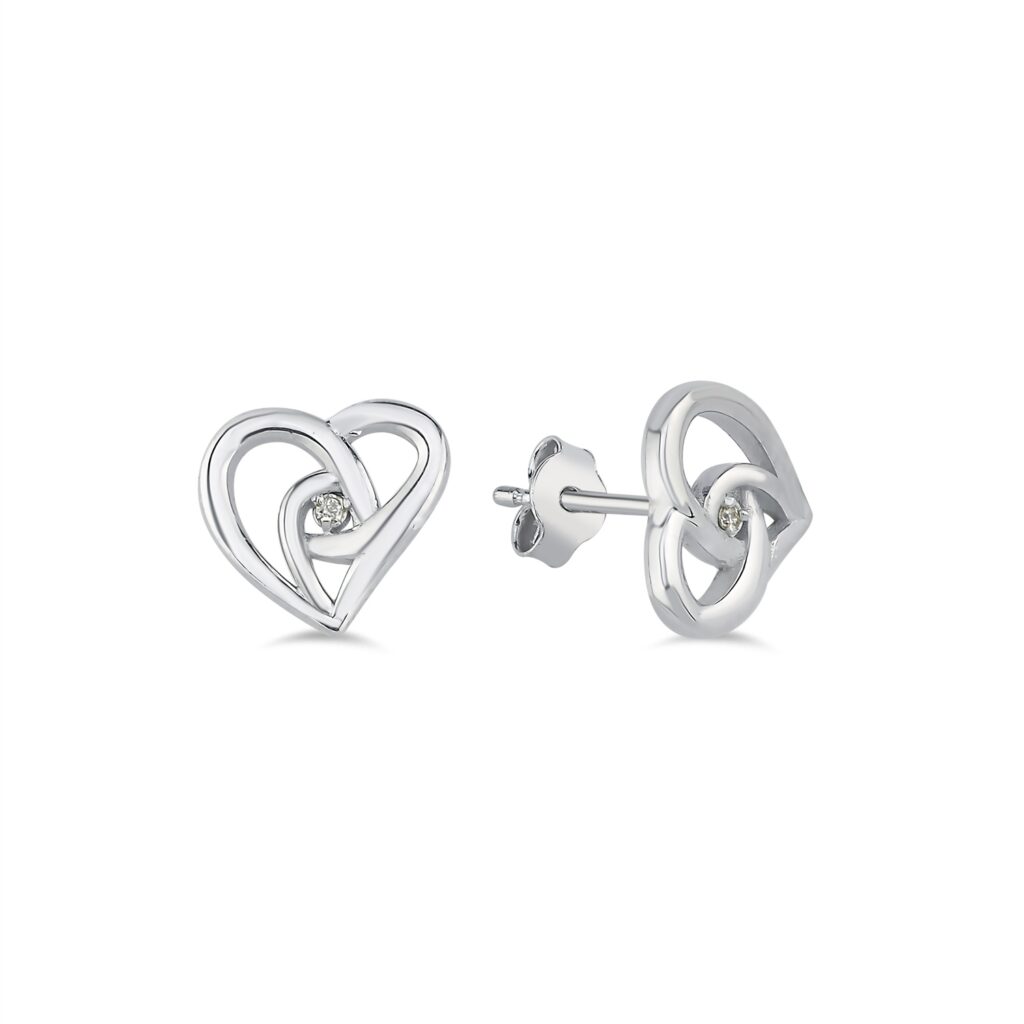 Katy Silver Heart Earrings with Genuine Diamond, Handmade