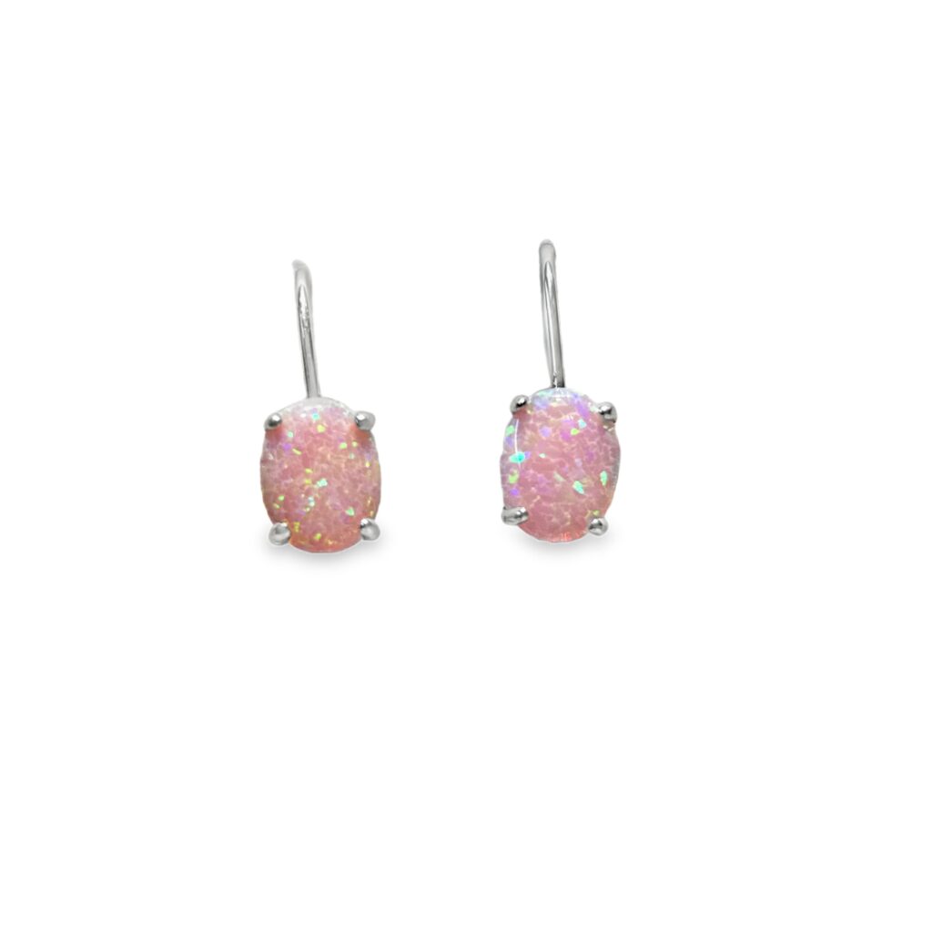 Sterling Silver 925 Drop Earrings with Oval Pink Opal and Rhodium Plated Finish, Pink Love Model