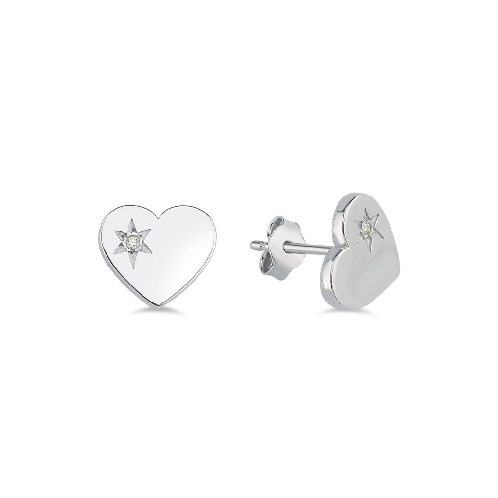 Mony Silver Heart Stud Earrings with Diamond