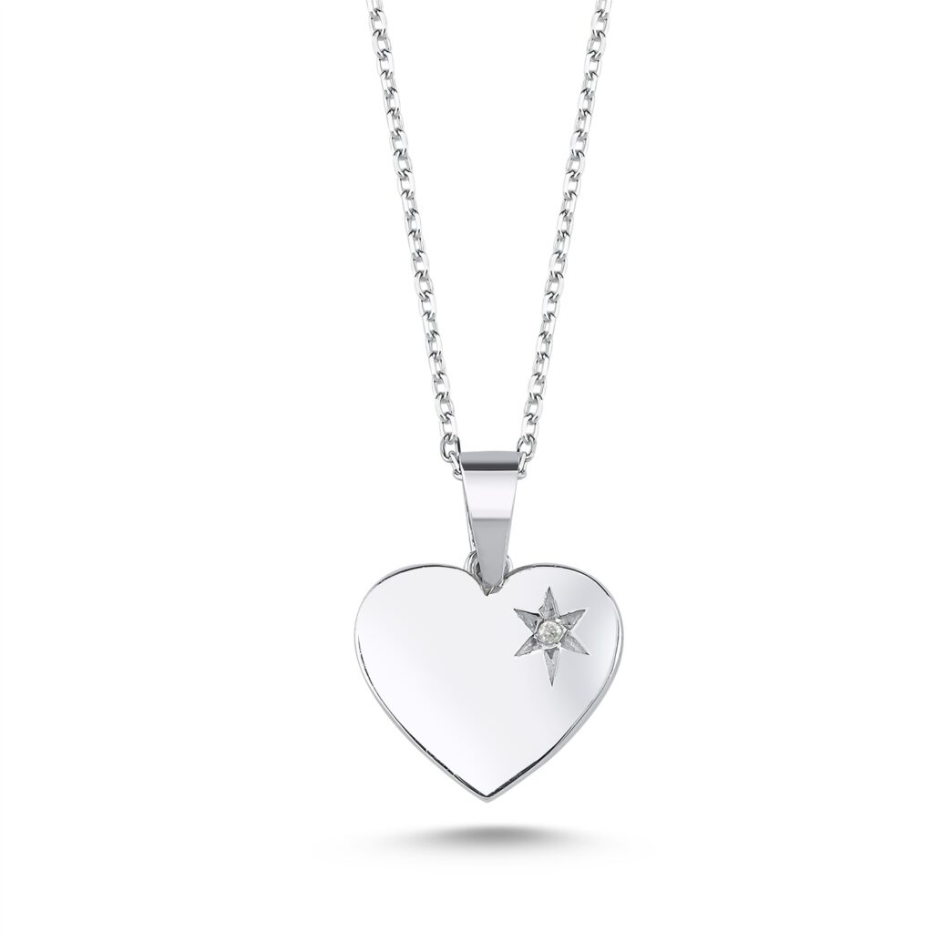 Mary Silver Heart Necklace with Diamond and Certificate