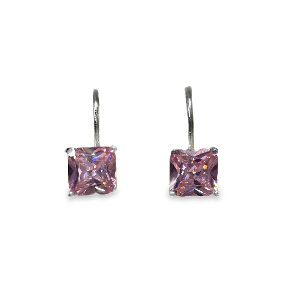 Pink Kiss Silver Earrings with Square Pink Zircon, 925 Rhodium-Plated Silver