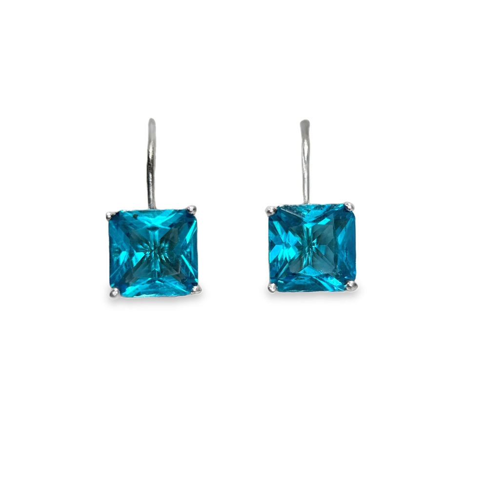 Azuro Kiss Silver Earrings with Blue Square Topaz, Polished 925 Sterling Silver