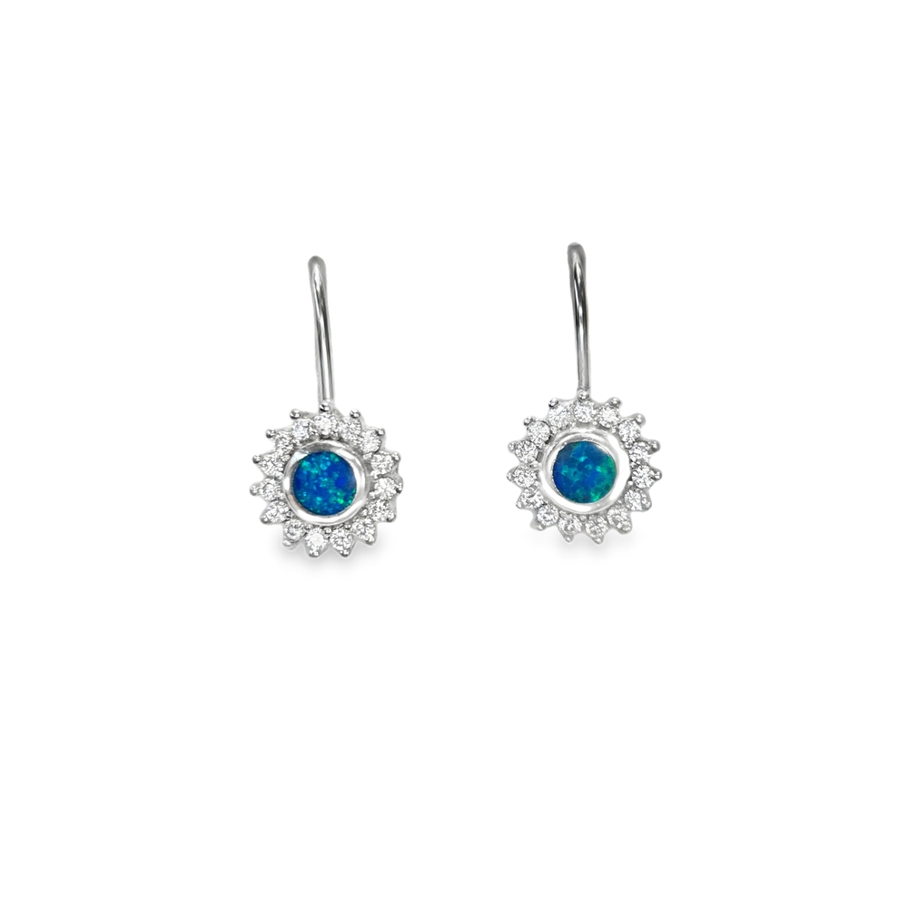Silver Flower Earrings with Blue Opal and Zircons, Opal Flower, Sterling Silver 925