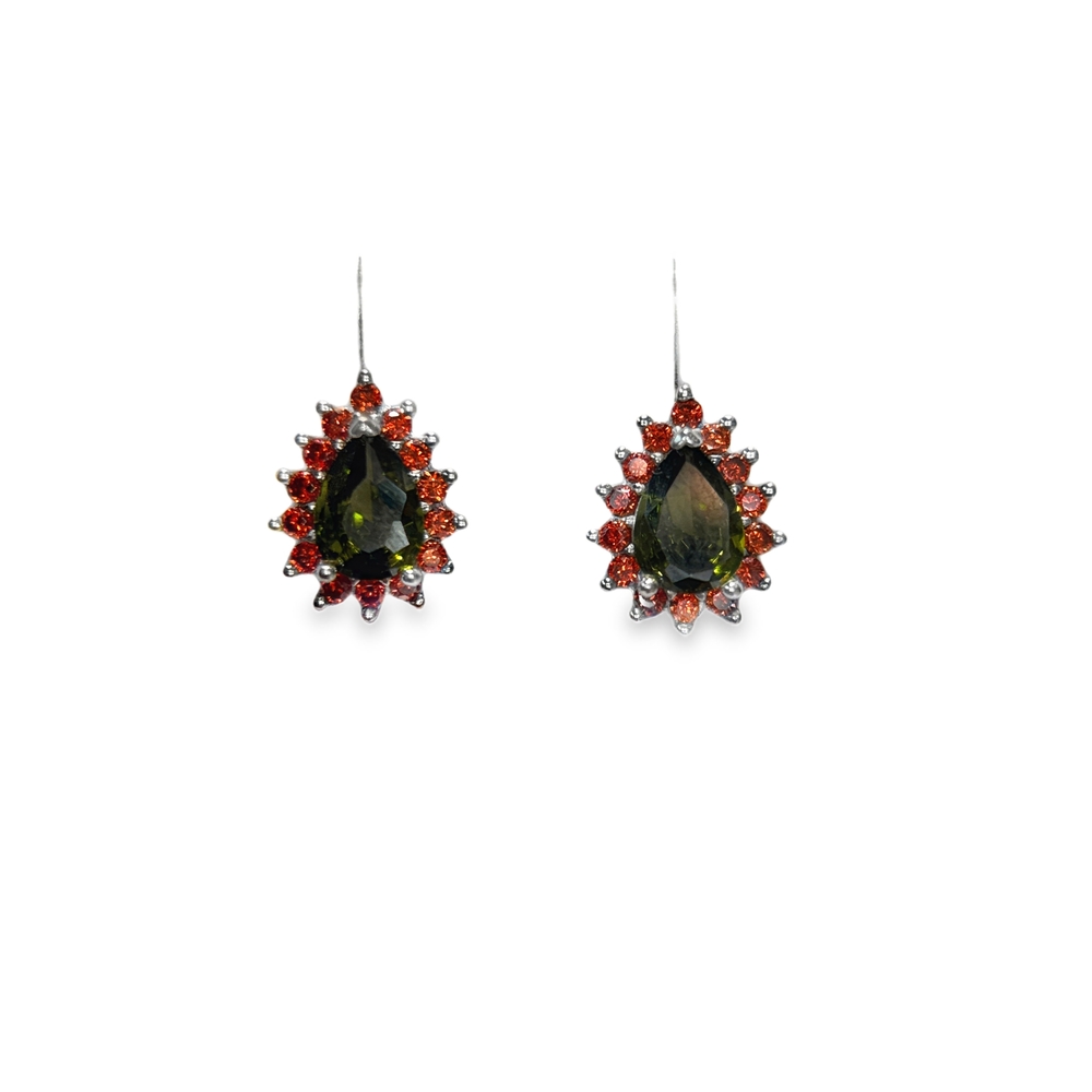Olive Night Silver Teardrop Earrings with Olive and Orange Zircon