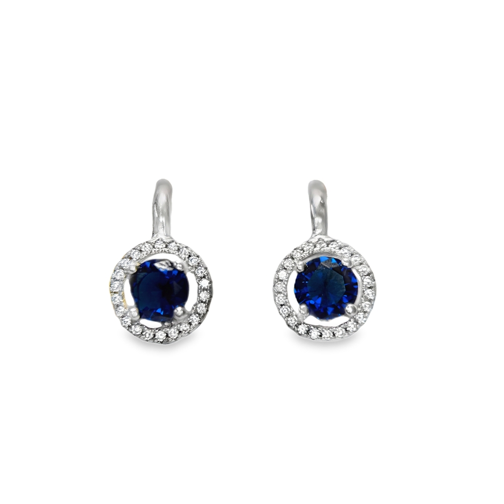 Silver Blue Dream Earrings with a blue round sapphire and halo effect.