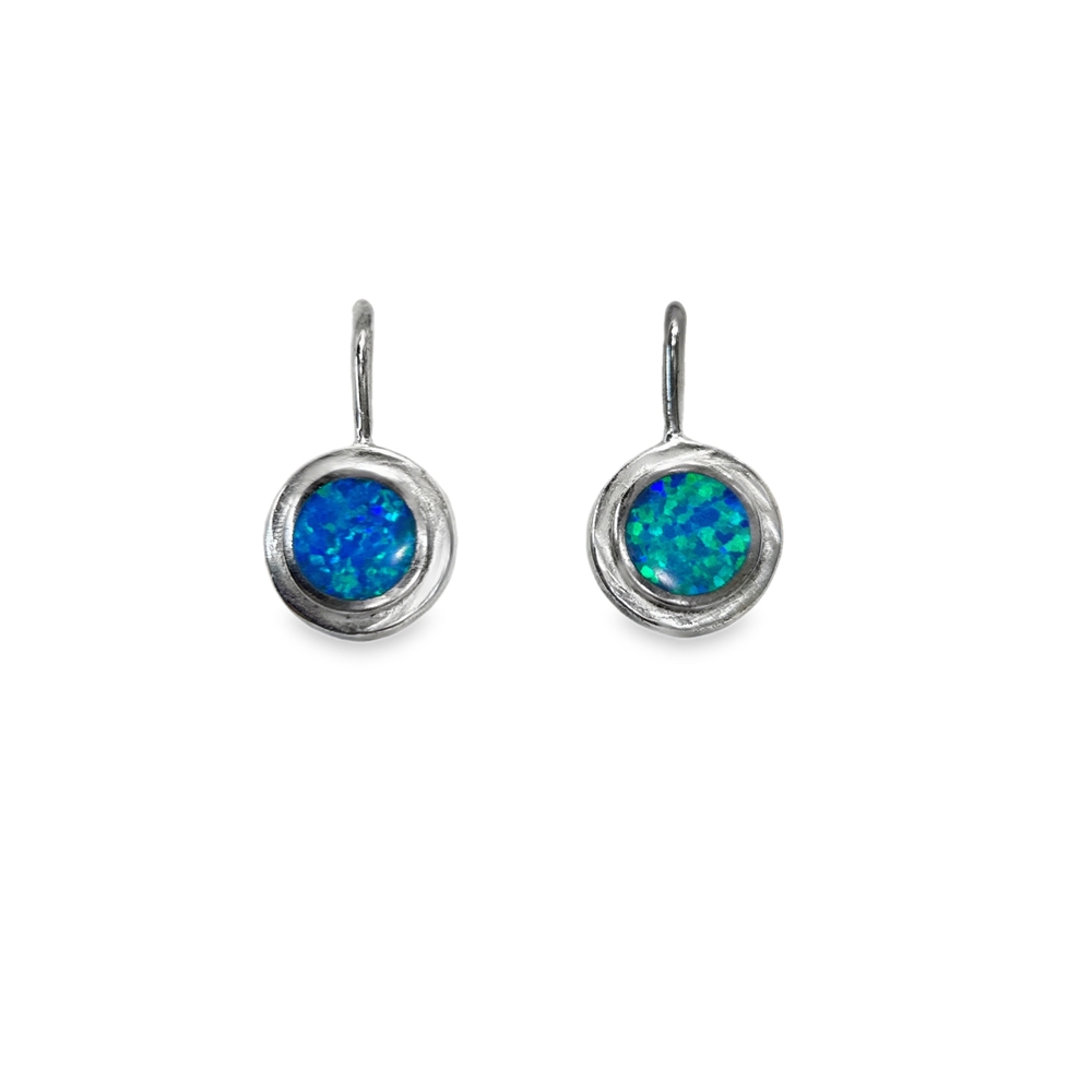 Simple silver earrings with a blue opal in a smooth Clasic Lagon frame