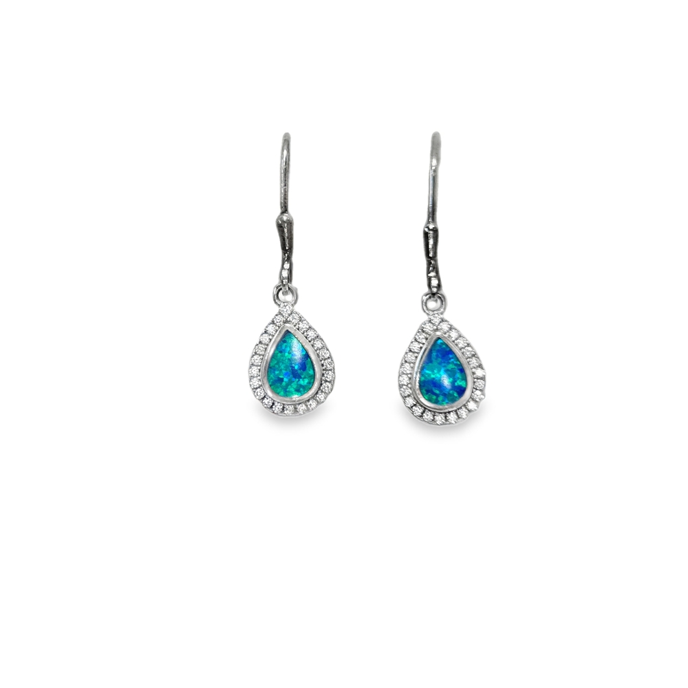 Silver Blue Night Earrings with Blue Opal and White Zircon, 925 Silver