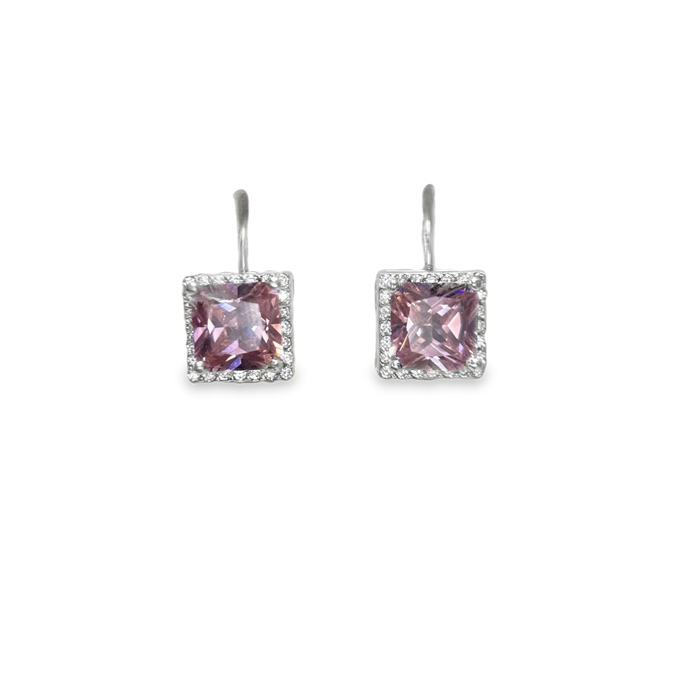 Silver Earrings with Pink Square Zircon and Zircon Halo Pink Night