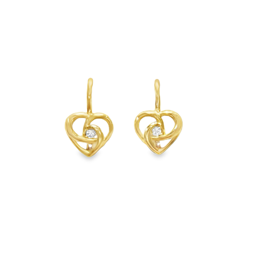 Gold Drop Heart Earrings with Cubic Zirconia Valentine 14k