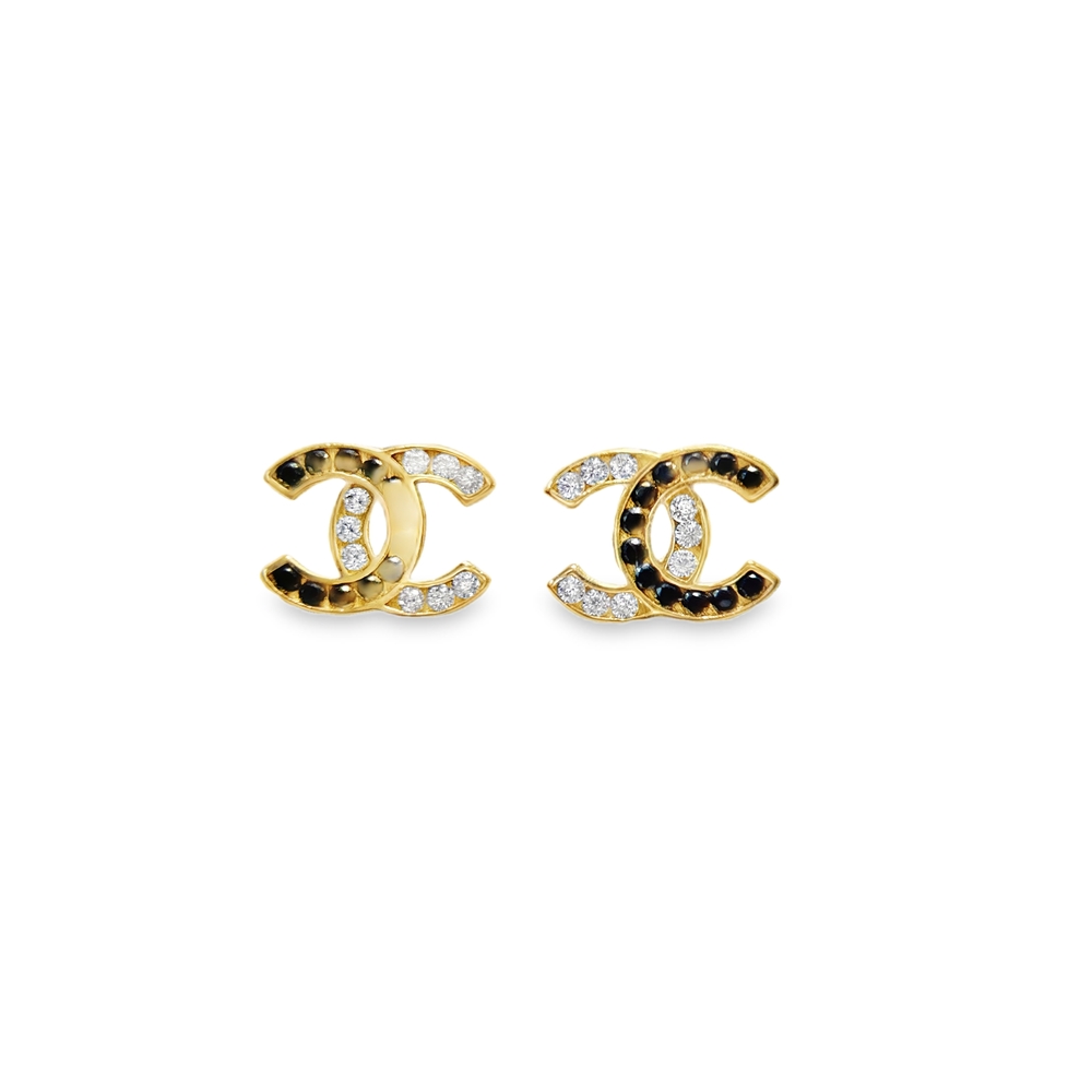 Gold CC logo stud earrings with black and white zircons Daily Style