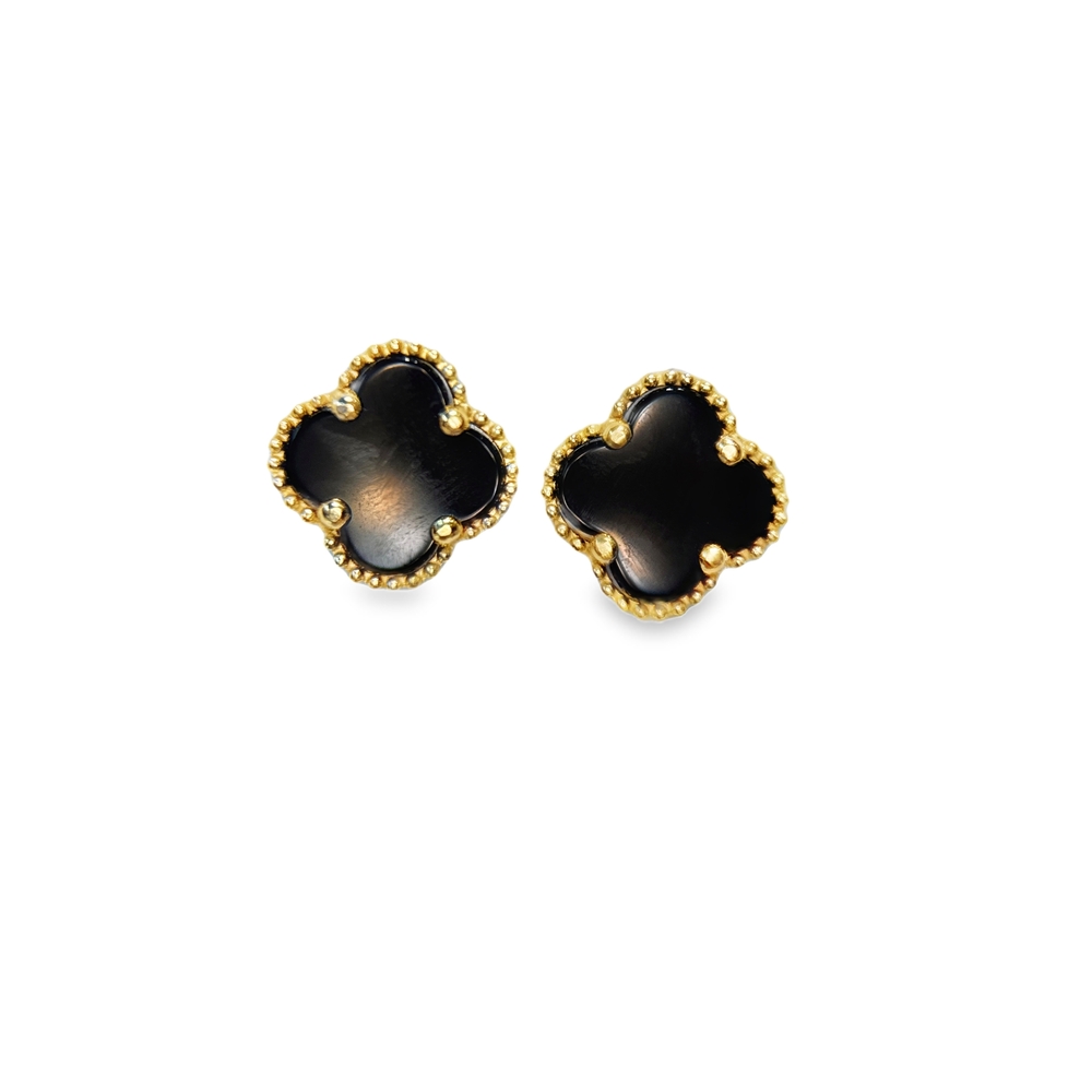 14k Golden Black Mamba Black Clover Stud Earrings