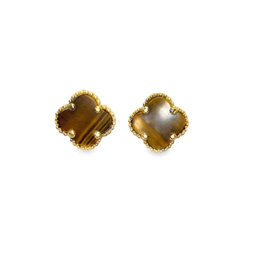 14k Gold Clover Brown Tiger's Eye Jaguar Earrings
