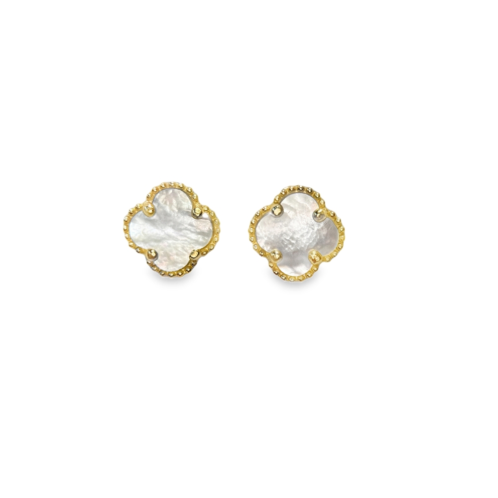 Gold earrings white mother-of-pearl clover Mykonos 14k