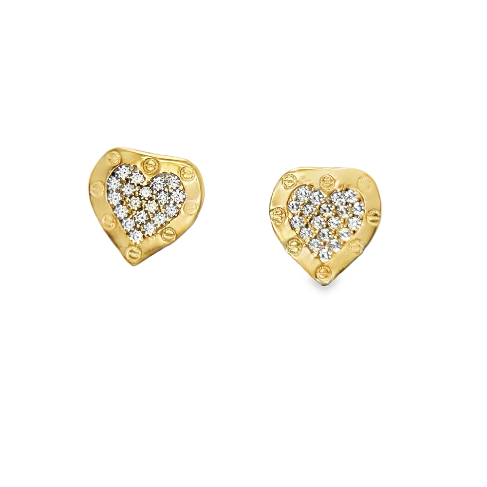 Exclusive Love Gold Heart Stud Earrings with Zircons and Screw Motifs
