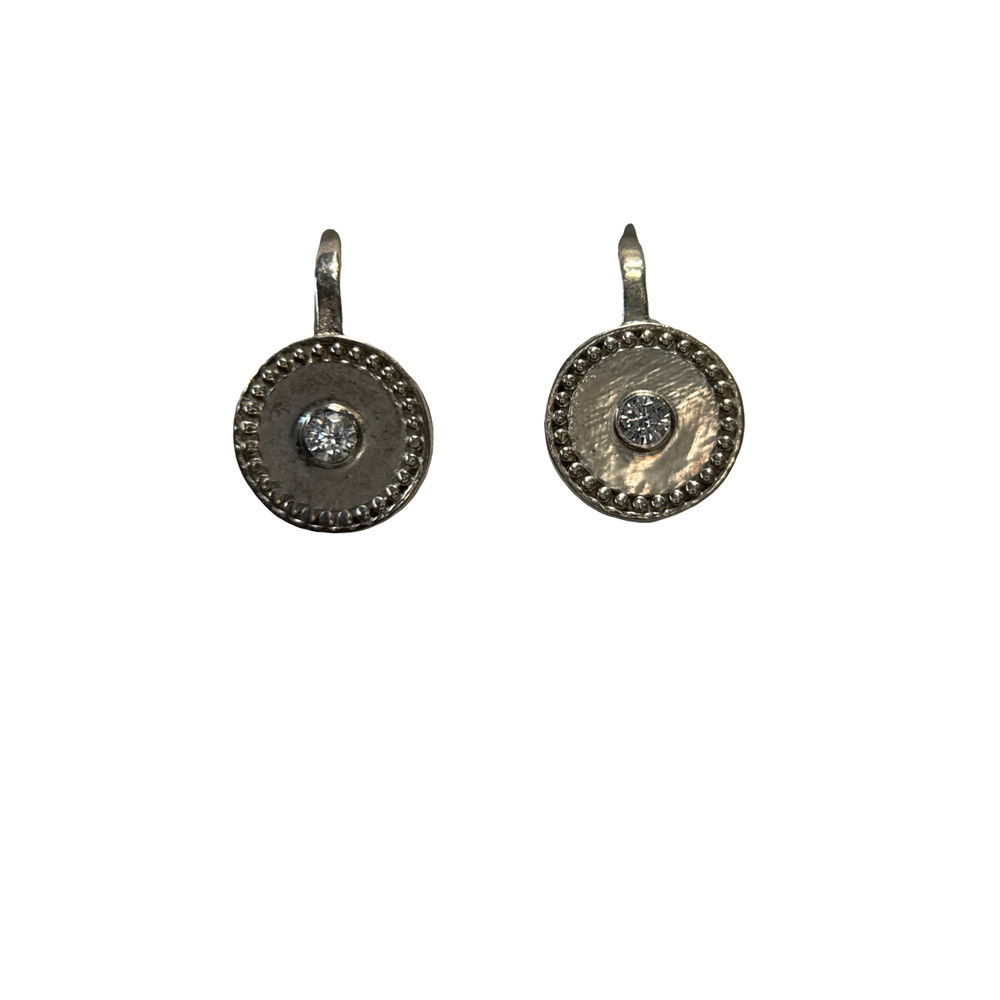 Rome White Silver Earrings, Circular Medallion with Zircon, Antique Style, 925 Silver